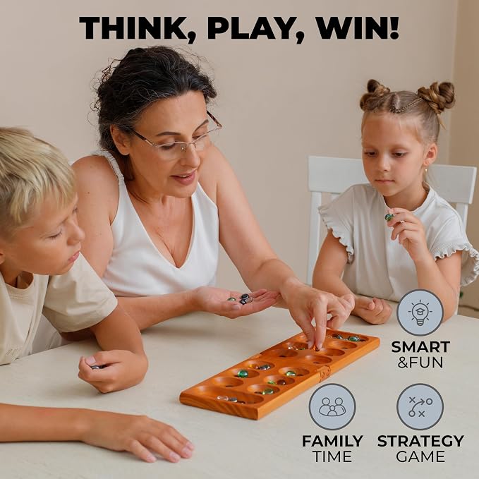 Mancala Board Game for Kids and Adults – Wooden Folding Mancala Set with Magnetic Lock and 56 Stones – Classic Strategy Board Game Travel Size