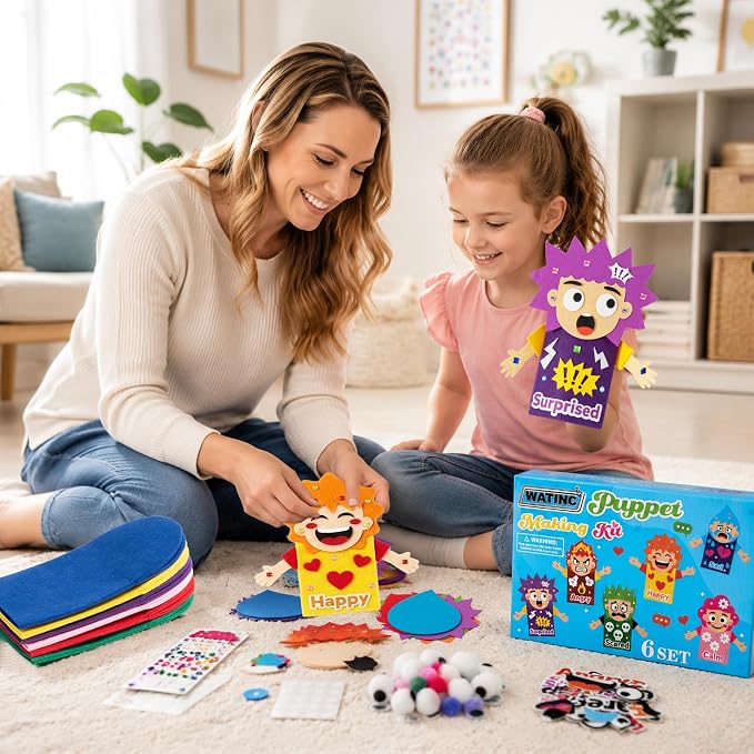 WATINC Hand Puppet Making Kit, Felt Sock Puppet Toys for Kids (Emotion) | 6 Styles, Make Your Own Storytelling & Role Play Crafts, Creative Group Activity, Party Favors & Gifts for Kids Ages 4-8