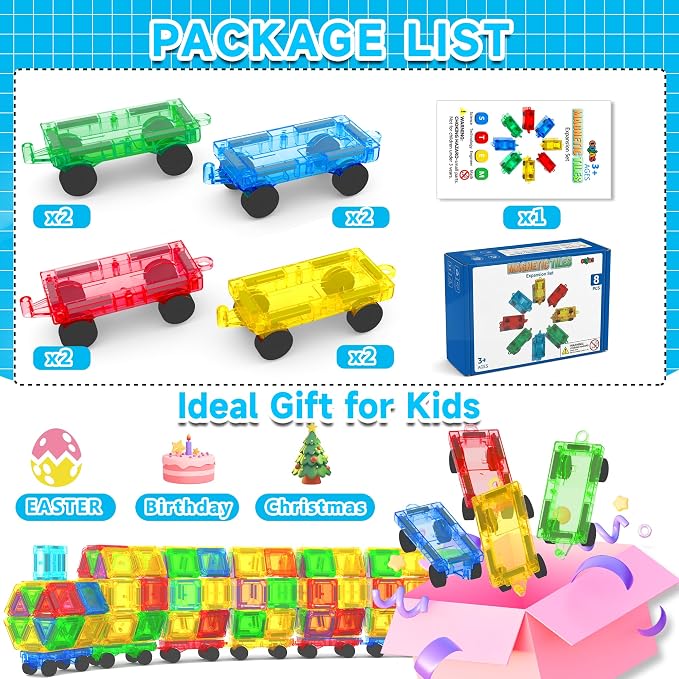 8 PCS Mini Magnetic Tiles Cars Construction Set, Magnetic Car Base | Compatiable with Mini Tiles, Magnet Building Blocks Expansion Set, Magnet Bricks Truck Toy for Boys & Girls