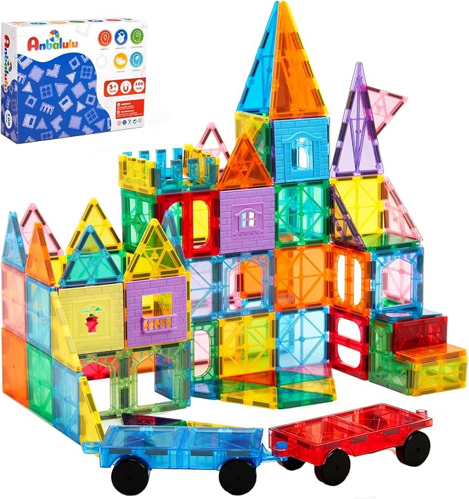 Anbalulu Magnetic Tiles 100PCS with 2 Cars, Set for Kids Ages 3-9 | STEM Educational Construction Building Blocks, Magnetic Construction Toy Gifts for Toddlers