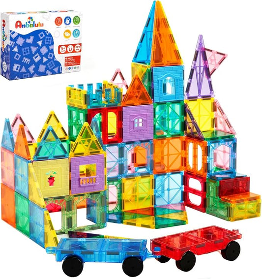 Anbalulu Magnetic Tiles 100PCS with 2 Cars, Set for Kids Ages 3-9 | STEM Educational Construction Building Blocks, Magnetic Construction Toy Gifts for Toddlers