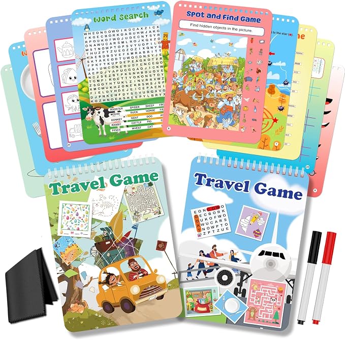 Elfew 2 Pack Reusable Travel Games Activity Books for Kids Ages 4-8, 8-12 | Include 2 Markers, 56 Different Brain Games, Waterproof, Spiral Binding, Toy & Learning Tool for Road Trip Airplane Activity
