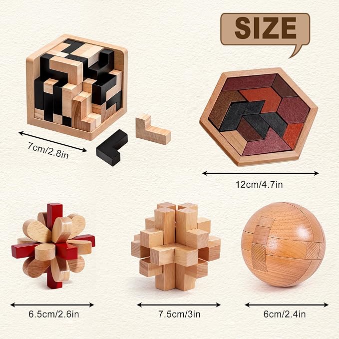 5PCS Wooden Puzzles for Adults & Kids – Cube & Shape Brain Teasers, Logic & Educational Games, Family Fun