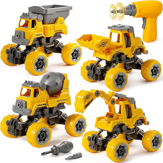 Take Apart Construction Truck Toys for Boys Age 3-8, 4 PCS STEM Building Toys with Electric Drill, Excavator Bulldozer Cement Mixer Dump Truck, Pull Back Cars Birthday Gifts for 3 4 5 6 Year Old Kids