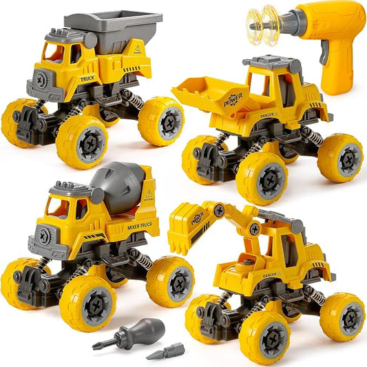 Take Apart Construction Truck Toys for Boys Age 3-8, 4 PCS STEM Building Toys with Electric Drill, Excavator Bulldozer Cement Mixer Dump Truck, Pull Back Cars Birthday Gifts for 3 4 5 6 Year Old Kids