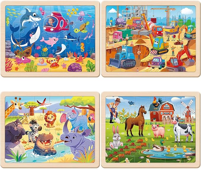 Wooden Puzzles for Kids Ages 4-6, 4 Packs 24 Pcs Wooden Jigsaw Puzzles for Toddlers Ages 3-5, Preschool Educational Puzzle Toys Gifts for 3 4 5 6 Boys Girls