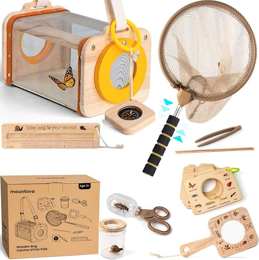 Bug Catching Kit for Kids Ages 3-14, 11PCS Wooden Nature Explorer Set with Butterfly Net, Bug Habitat, Magnifying Glass and Outdoor Insect Tools, Catch-and-Release STEM Educational Toy Gift
