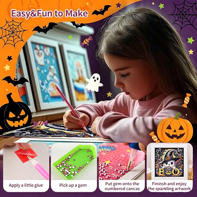 Gemozaic Halloween Diamond Art Kit for Kids Ages 6-8-12 with Frame, 7x7 in | Cute Spooky Diamond Art for Kids 10 Year Old, DIY Big Gem Arts and Crafts for Boys and Girls Birthday Gift, Home Wall Decor