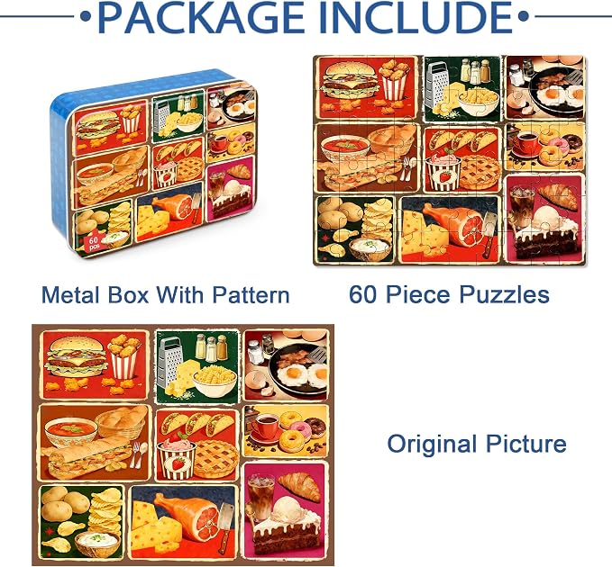 LELEMON Puzzles for Kids Ages 4-6,Food 60 Piece Puzzles for Kids Ages 6-8 in a Metal Box,Children Jigsaw Puzzles Kids Puzzles,Educational Learning Puzzle Toys for Girls and Boys