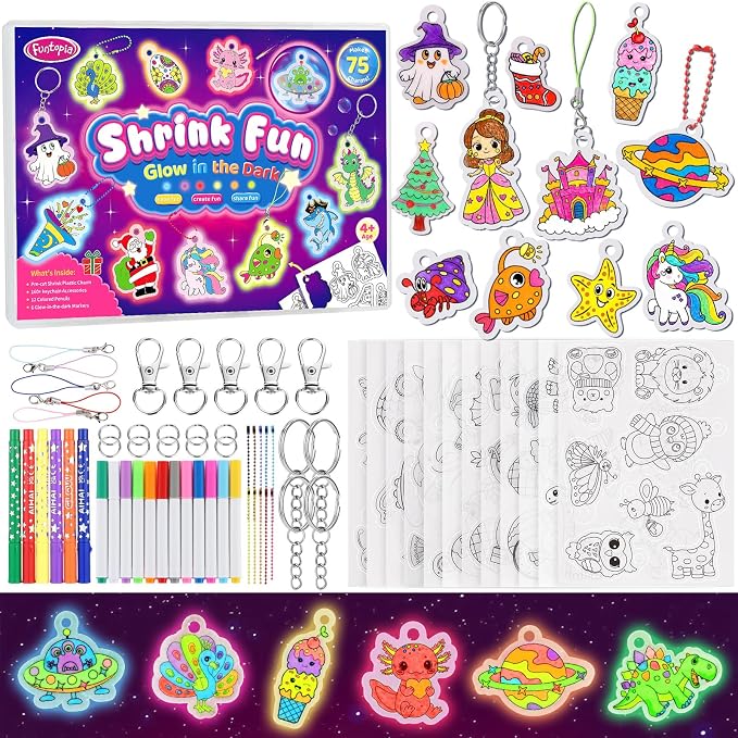 Funtopia 185pcs Shrinking Craft Kit for Kids, Glow in the Dark Keychain Kit | 75 Pre Cut Shrink Paper, Arts and Crafts for Kids Girl Ages 4 6 8 10 12, DIY Shrink Art Plastic Sheets with Charms, 12 Themes