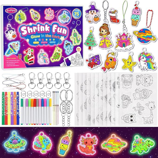 Funtopia 185pcs Shrinking Craft Kit for Kids, Glow in the Dark Keychain Kit | 75 Pre Cut Shrink Paper, Arts and Crafts for Kids Girl Ages 4 6 8 10 12, DIY Shrink Art Plastic Sheets with Charms, 12 Themes