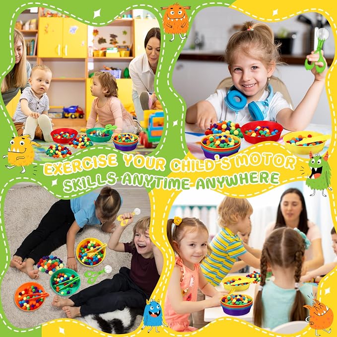 Zhanmai 142 Pcs Fine Motor Skills Toys Handy Scooper Set Sensory Bin Filler 12 Sorting Bowls 8 Tweezers 2 Scissors Clips 120 Plush Balls for Early Education and Sorting Counting Training Development