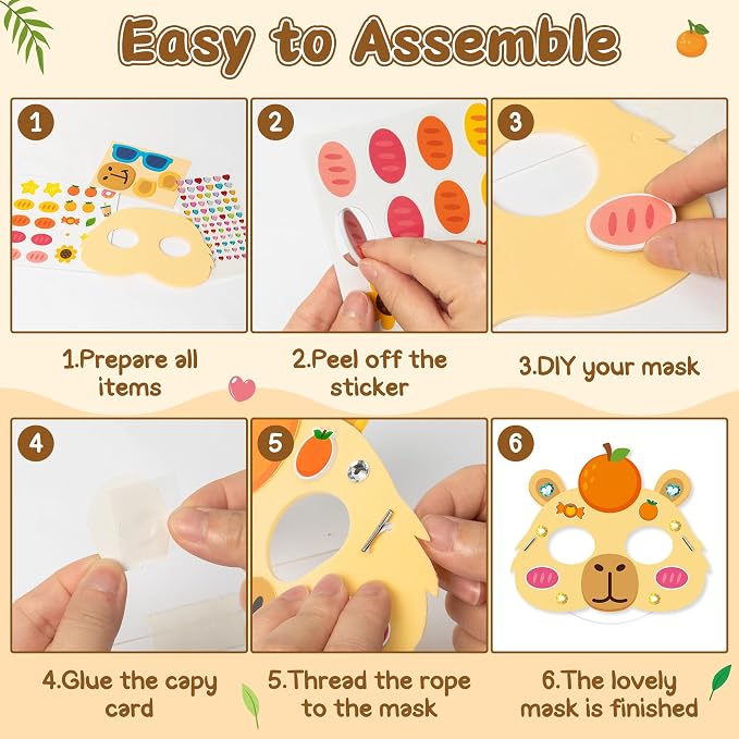 WATINC Capy Theme Bara Mask - 24pcs Make Your Own Cartoon Animal Foam Mask Craft Kit for Kids, Capy Character DIY Set with Diamond Stickers for Birthday Cosplay Party Supplies Photo Prop Boys Girls