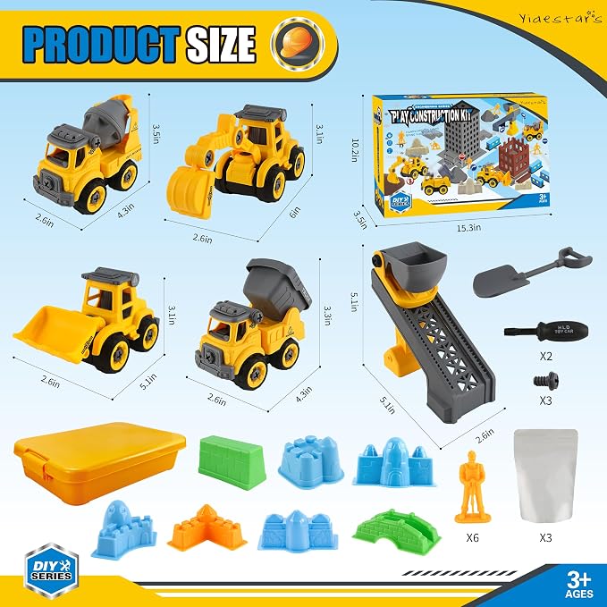 YIDESTARS Sensory Bin with Lid – 4 Take-Apart Trucks & 3lb Sand | Ages 3-6, 8 castle molds, 6 figures, fine motor skills, storage bin, gift for kids, indoor outdoor play