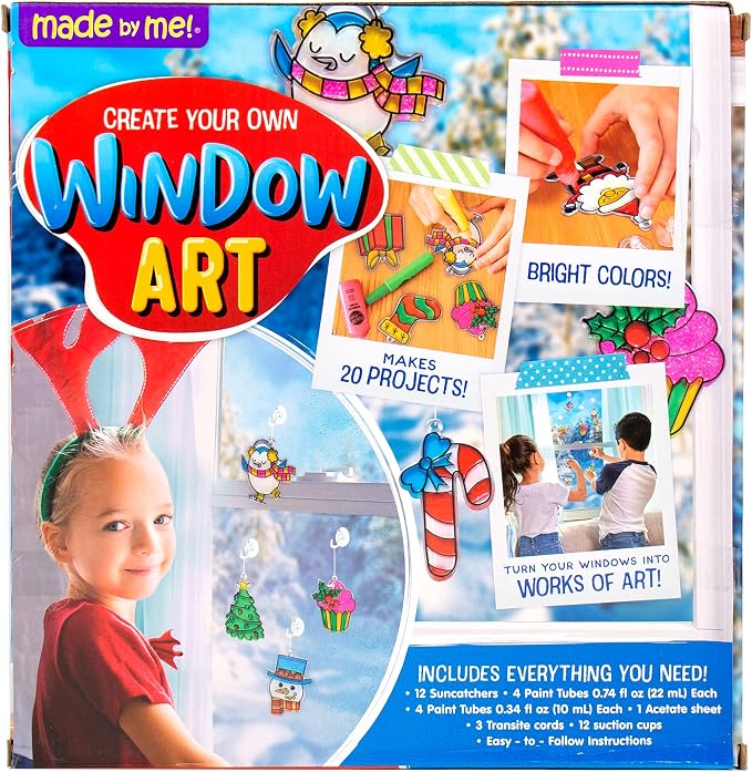 Made By Me Create Your Own Holiday Window Art by Horizon Group USA, Make 20 Projects, Includes Winter-Themed Suncatcher Frames & Window Clings, Glitter Paint, Paint Tubes, Suction Cups & Cording
