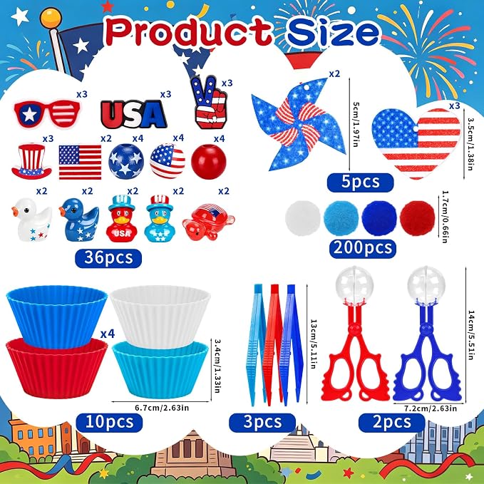 256PCS Independence Day Patriotic Sensory Bin Filler 4th of July Fine Motor Sensory Bin Items Includes Pom Poms Duck Resin for Counting Sorting Training