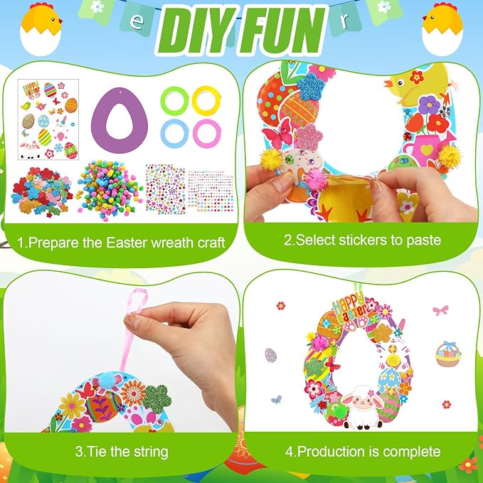 Hollowfly 48 Sets Easter Wreath Craft Kits DIY Paper Ornaments Stickers | For Kids Party Favors and Classroom Activities, Hangable Door Decor, Bulk Easter Craft Supplies for Spring Celebrations