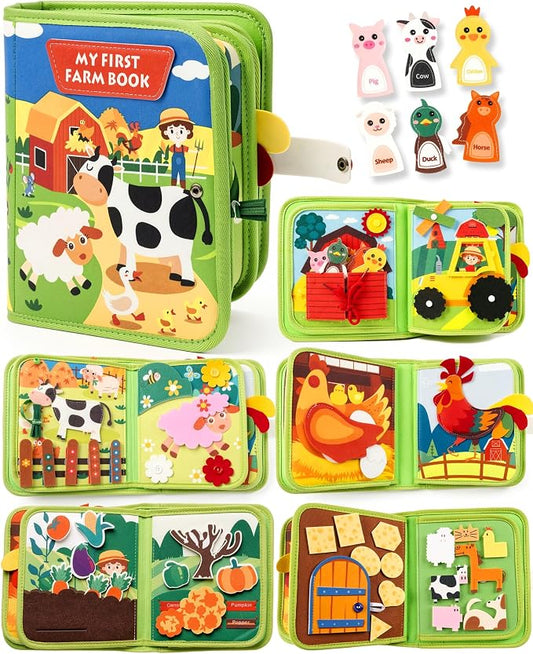 Montessori Busy Book for Toddlers, 8-Page Sensory Activity Book for Fine Motor Skills & Basic Dress Learning, Portable Travel Toy for Preschool Kids, Birthday Gift for Boys and Girls (Farm)