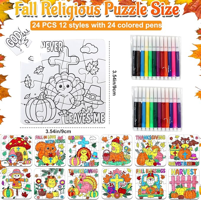 Fall Thanksgiving Crafts for Kids Christian Art Activities Blank Puzzle Toy | 24 Autumn DIY Crafts Pumpkin Turkey Cross Jesus, Religious Classroom Gifts for Toddler Party Favors Games Supplies Bulk