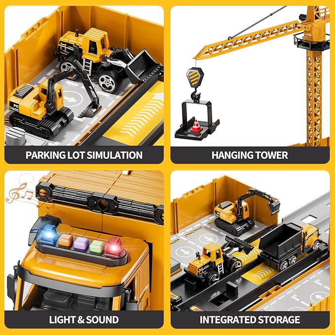 Carrier Truck Race Track Boy Toddlers Toys, Truck Toys for Toddlers 3-5 5-7, Toy Transport Car with Tower Crane Light & Sound, Excavators Cars Gifts for Age 3 4 5 6 7 Years Old Boys Girls