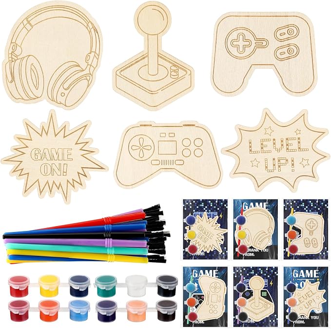 Chunful 24 Sets Video Game Party Favors Video Game Wooden Painting Crafts Kits DIY Gaming Paint Arts and Crafts Gifts for Home Birthday Gaming Theme Party Decoration Craft Project