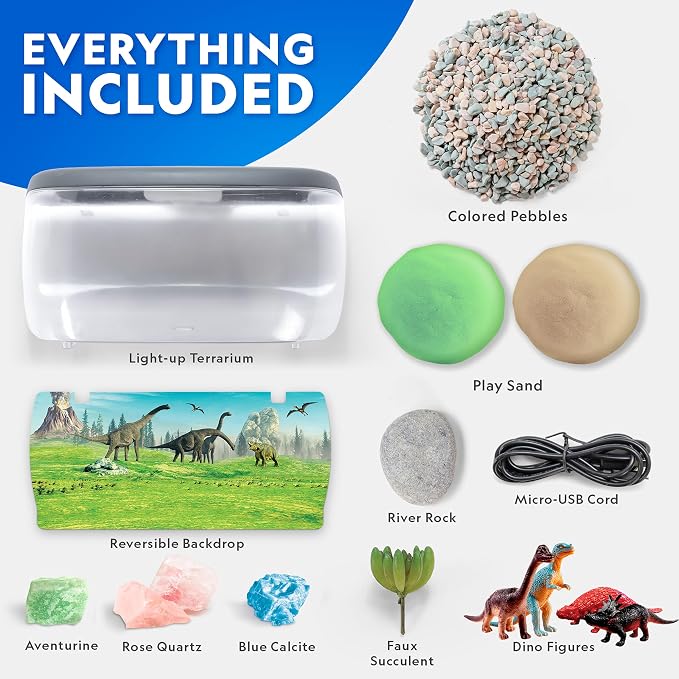National Geographic Light-Up Dinosaur Terrarium Science Kit for Kids | Multicolor Light, Play Sand, Real Gemstones and Dino Figures, Prehistoric Habitat, DIY Science Activity, Birthday Gift