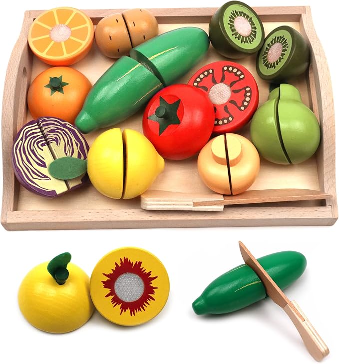 Wooden Cutting Fruits Vegetables Set for Kids Pretend Play Food Toy Set | Cutting Fruits Toys 2 3 4 Year Old, Toddlers Pretend Vegetables Gift for Boys Girls