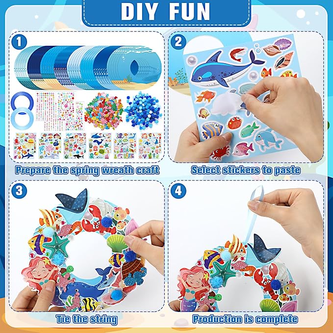 Hollowfly 48 Sets Under the Sea Craft Kits DIY Summer Ocean Wreaths | Hanging Paper Ornaments for Kids Party Favors, Ocean Animals Sea Creatures Stickers, Summer Beach Classroom Activities