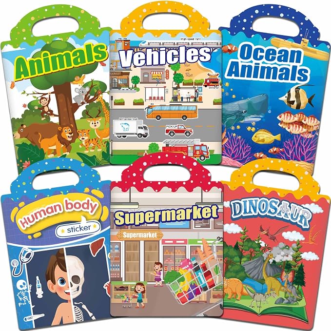 iGetooy 6 Sets Reusable Sticker Book for Toddlers 1-3, Jelly Sticker Books for Toddlers 2-4 Years, Toddler Travel Toys for Kids 2 3 4 Year Old Girls Boys