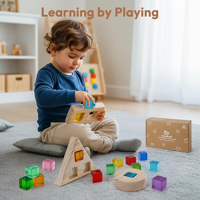 Woodtoe Large Rainbow Gem Blocks, 16 PCS Stacking Blocks for Toddlers 1-3 | Includes 3 Wooden Shapes, Montessori Sensory Toy, Creative Acrylic Blocks, No Choking Hazard, Birthday Gift for 1 2 3 Years