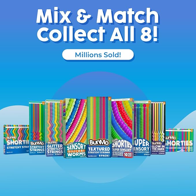 BUNMO Stretchy Strings - Sensory Toys - Stimulating & Fun Sensory Toys for Kids - Fidget Toy - Hours of Fun for Kids - Non-Mouthable Toy 3+ - Textured 6 Pack