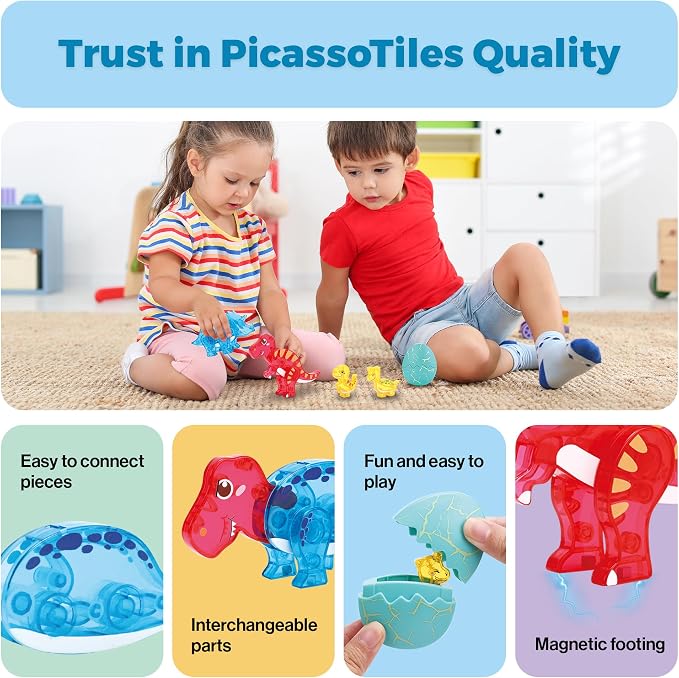 PicassoTiles Magnetic Tiles Dinosaur Egg Set 4 Dinos with 2 Hatchable Eggs Character Action Figures Accessory for Magnet Tile Building Construction STEM Pretend Play Learning Toys Kids Ages 3+ PTA35