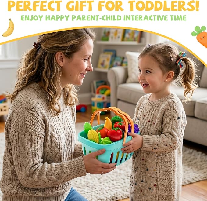 ALASOU Play Food Set with Hanging Felt Tree Mat & Storage Basket | Cutting Fruits Pretend Play Toys for Kids Kitchen, Montessori Color Sorting Playset,Gifts for Toddlers 3 4 5 6 Boys Girls
