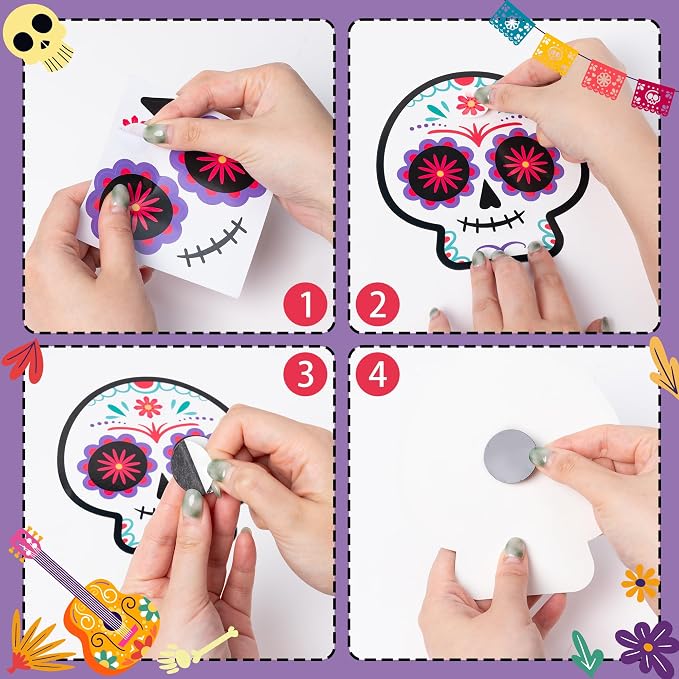 Haooryx Day of The Dead Sugar Skull DIY Magnet Stickers Paper Craft Kit | 30 Set Make Your Own Dia de Los Muertos Art Craft, Halloween Mexican Festival Party Gift, Bulletin Board Refrigerator Decor