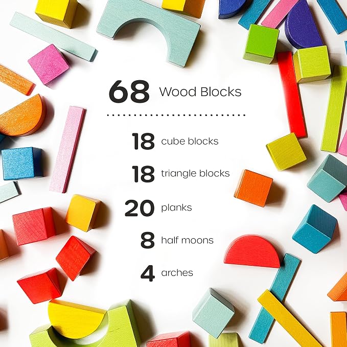 Quiggly Montessori Wooden Rainbow Building Blocks - 68 Pc STEM Toy Set | Storage box with carry handles, ages 12-48 months