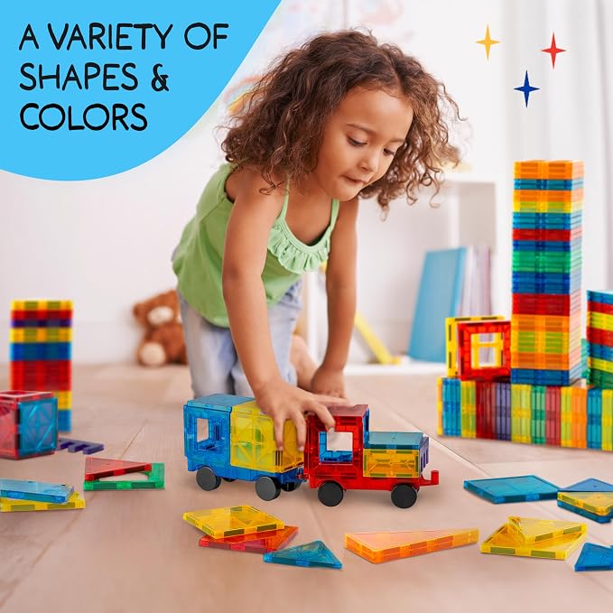 SUNNY AUNTIE Magnetic Tiles STEM Toys Building Set, Ages 3+ - 240 Pieces | Magnetic Tiles Building Toys, STEM Toys, Magnetic Blocks Construction Set, with 2 Cars & Guide Booklet for Kids Ages 3+