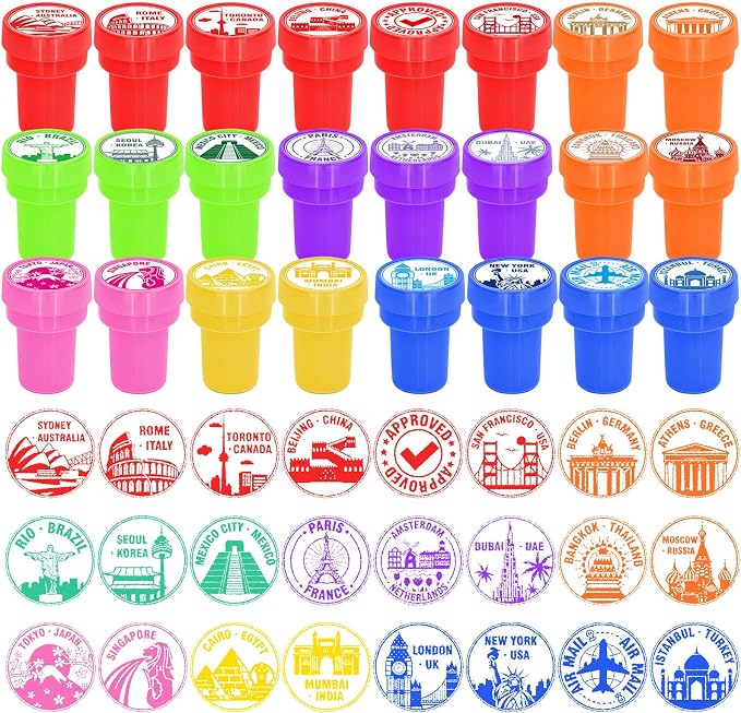 Cinrobiye 24 Pcs Adventure Travel Stampers Party Favor Set, Fun Bon Voyage Travel Stamps for Kids Birthday Party, Classroom Rewards, Carnival Prizes, Goody Bag Fillers, Travel Themed Party Supplies