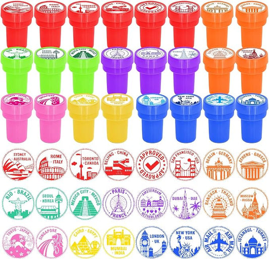 Cinrobiye 24 Pcs Adventure Travel Stampers Party Favor Set, Fun Bon Voyage Travel Stamps for Kids Birthday Party, Classroom Rewards, Carnival Prizes, Goody Bag Fillers, Travel Themed Party Supplies