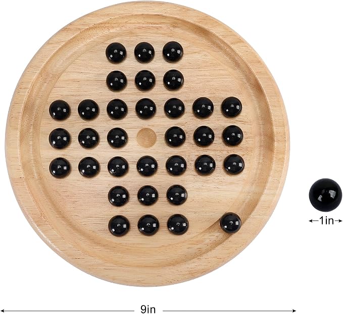 Offelec Wooden Solitaire Board Game with 33 Piece Black Glass Marbles Classic One Player Gameplay Strategy Puzzle Board Games Kids & Adults Fun Family Tabletop Toys, Birthday Gift,Table Games