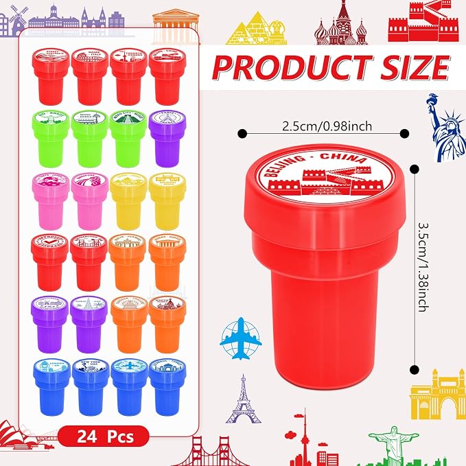 Cinrobiye 24 Pcs Adventure Travel Stampers Party Favor Set, Fun Bon Voyage Travel Stamps for Kids Birthday Party, Classroom Rewards, Carnival Prizes, Goody Bag Fillers, Travel Themed Party Supplies