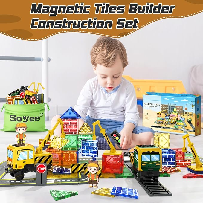 Magnetic Tiles with 2 Cranes, Magnetic Construction Toys STEM Building Toys | 2-in-1 Transportation Magnetic Building Blocks Boys Toys Gifts for Ages 3-12 STEM Learning Toy Develops Creativity