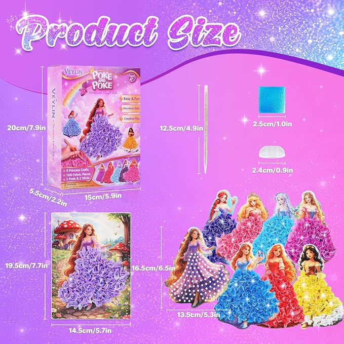 VEYLIN Screen-Free Poke and Poke Art Kit for Girls Ages 4-8, 8 Princess Designs with 1100 Fabric Squares, Mess-Free DIY Arts and Crafts, Travel Activity Birthday Gifts for Kids