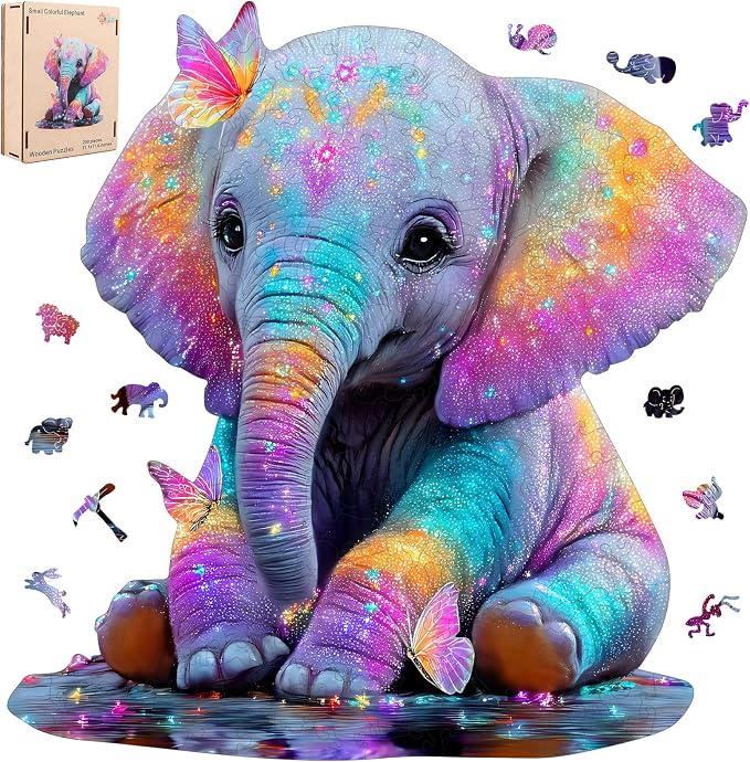 MEATRN Wooden Jigsaw Puzzles, Animal Puzzles for Adults & Kids, 199 Pcs | Colorful Baby Elephant with Butterflies, Educational Brain Teaser Gift and Home Art Decor, 11.1x11.4 in