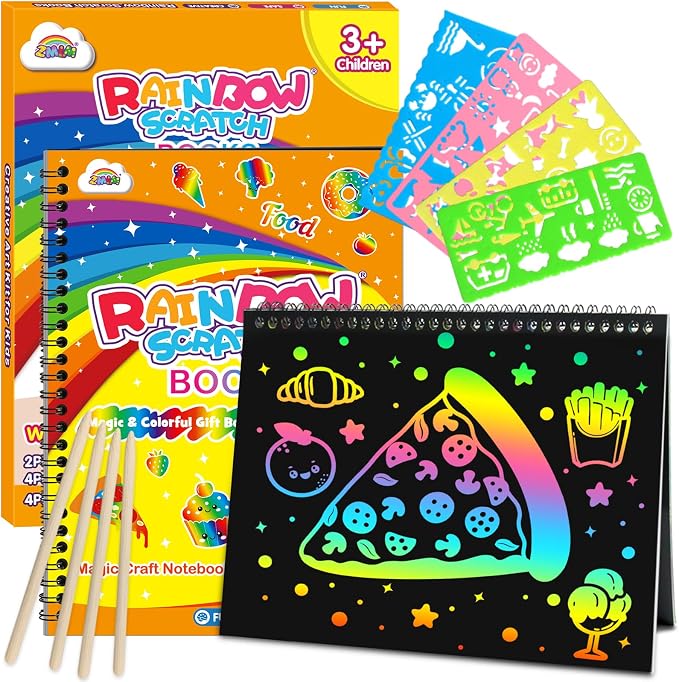 ZMLM Scratch Paper Art-Crafts Gift: 2 Pack Rainbow Notebooks Supplies Toys | Art Crafts for 3 4 5 6 7 8 9 10 11 12 Years Old Girls and Boys Kids Birthday Christmas Party Travel Games Activities Food