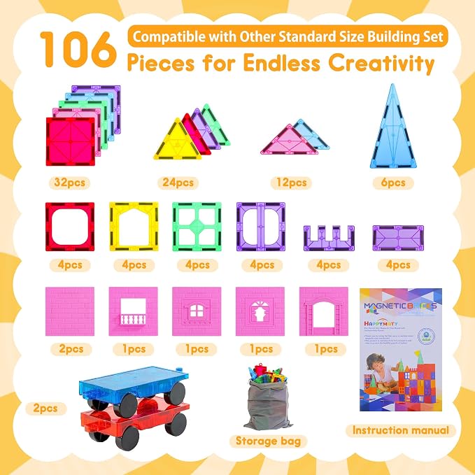 Antibacterial Magnetic Tiles - 106 PCS Magnet Building Tiles with 2 Cars for Kids Aged 3+, Inhibits Bacterial Growth for Safer Play, 3D STEM Educational Construction Blocks Toy