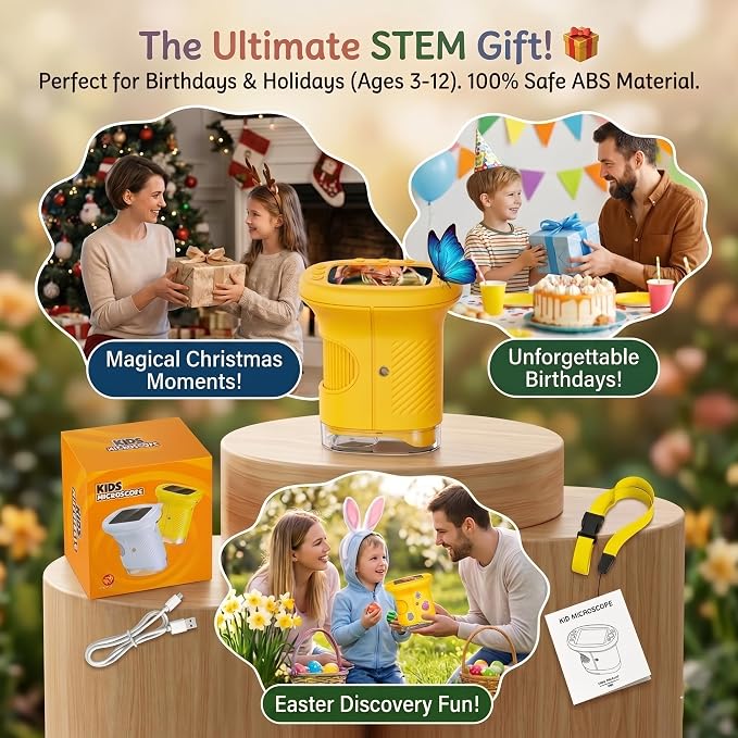 Kids Microscope, 4K 1000X Zoom, 2.4" Screen, STEM Toy for Ages 4-8 | Digital Microscope with Photo & Video Recording, 8 LED, USB Rechargeable, No Slides Needed, Birthday Gift for Boys Girls 4-12