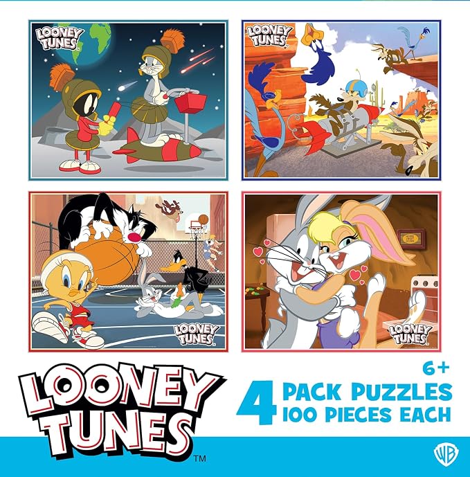 MasterPieces Puzzle Set - 4-Pack 100 Piece Jigsaw Puzzle for Kids - Looney Tunes 4-Pack - 8"x10"