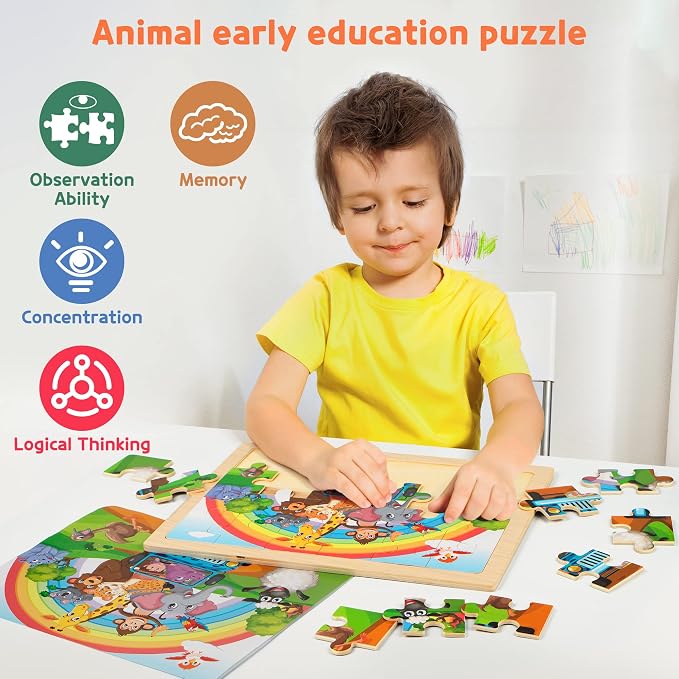SYNARRY Large Animal Wooden Puzzles for Kids Ages 4-6, 4-in-1 Gift Set | Animal Puzzles for Toddlers & Kids Ages 3-5, Birthday Gifts for Boys & Girls, Educational Animal Toys, Screen-Free Play