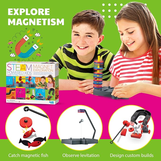 4M Magnet Exploration Kit for Kids Ages 5+ 20+Hands-On Science Experiments with 40+ Components, Build a Maglev Transporter, Magnetic Racer, Compass Yacht, UFO & More, STEM STEAM Educational Toy