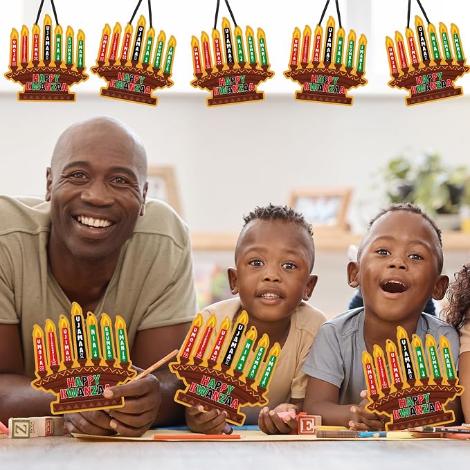 Cinrobiye 24 Set Kwanzaa Craft Kit Bulk DIY Kinara Candles Arts and Crafts with Stickers Happy Kwanzaa Hanging Ornament Gifts for Home School Art Project Activity African Heritage Holiday Party Favors